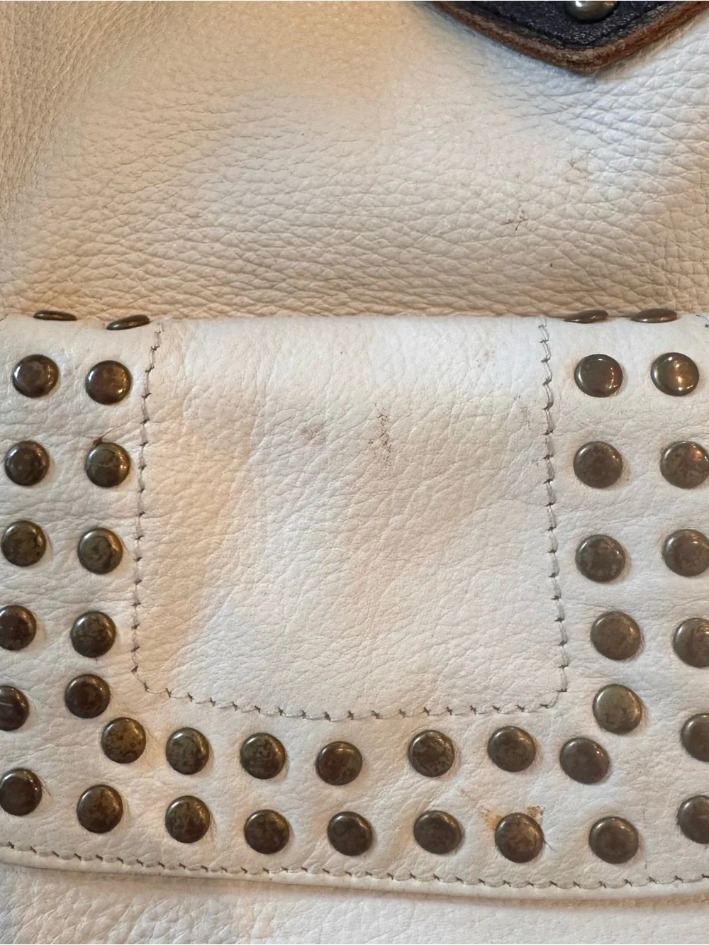 Betsey Johnson Cream Vintage Y2K Leather Shoulder Bag with Brown Studded Straps